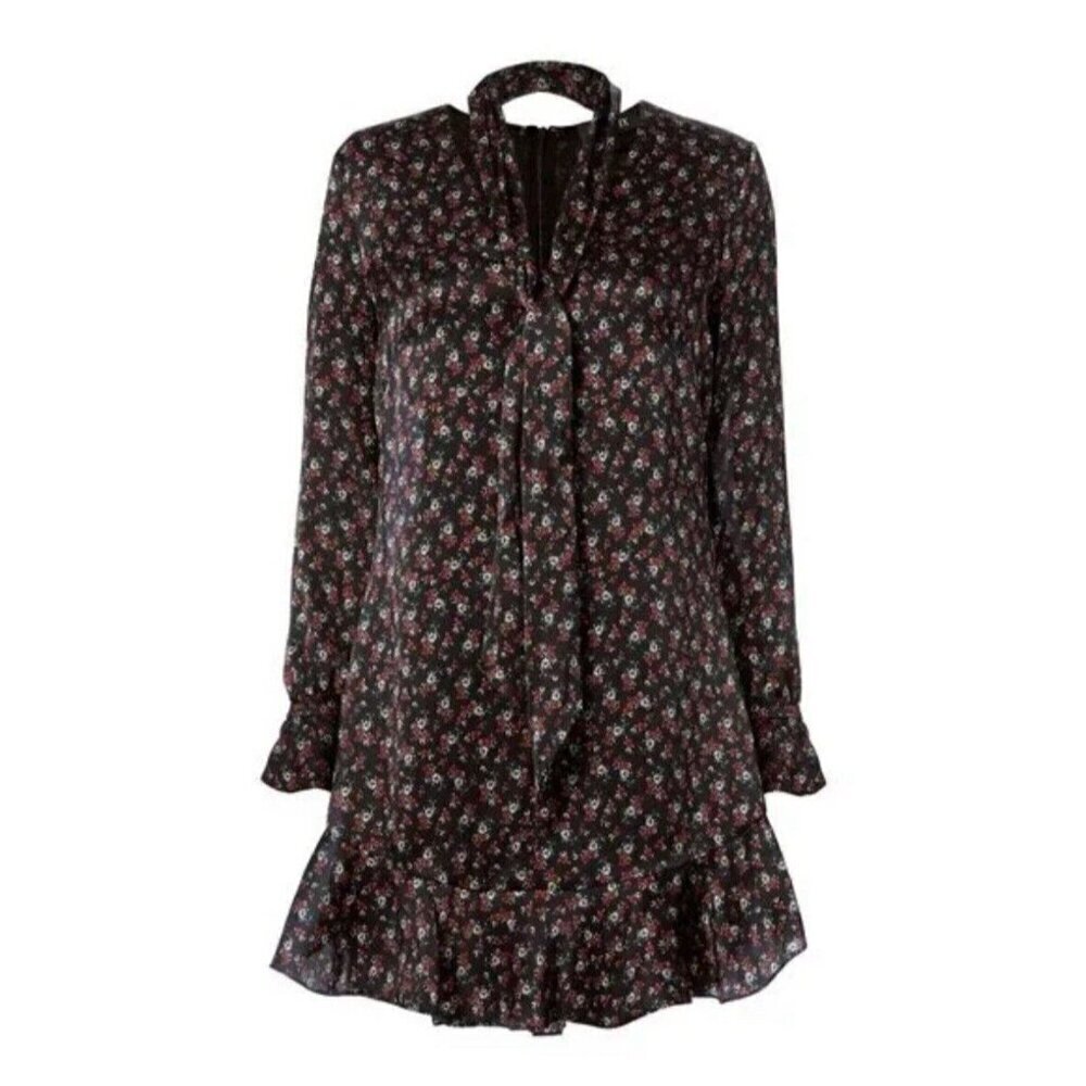 Intermix Silk Floral Necktie Dress Peplum Hem‎ Boho Preppy 4 Prairie Cottage